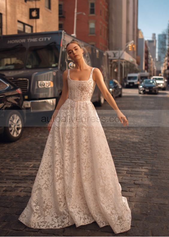 Square Neck Ivory All Over Lace Timeless Wedding Dress